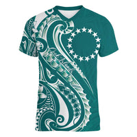 Kia Orana Cook Islands Women V-Neck T-Shirt Teal Plumeria Tropical Waves - Polynesian Pride