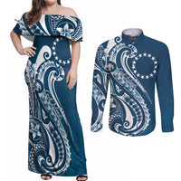 Kia Orana Cook Islands Couples Matching Off Shoulder Maxi Dress and Long Sleeve Button Shirt Auika Plumeria Tropical Waves - Polynesian Pride