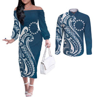 Kia Orana Cook Islands Couples Matching Off The Shoulder Long Sleeve Dress and Long Sleeve Button Shirt Auika Plumeria Tropical Waves - Polynesian Pride