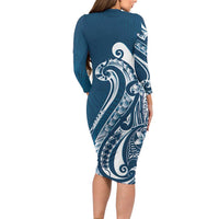Kia Orana Cook Islands Long Sleeve Bodycon Dress Auika Plumeria Tropical Waves - Polynesian Pride