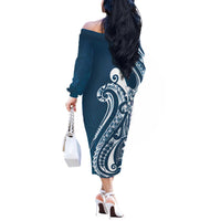 Kia Orana Cook Islands Off The Shoulder Long Sleeve Dress Auika Plumeria Tropical Waves - Polynesian Pride