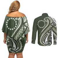 Kia Orana Cook Islands Couples Matching Off Shoulder Short Dress and Long Sleeve Button Shirt Matie Plumeria Tropical Waves - Polynesian Pride