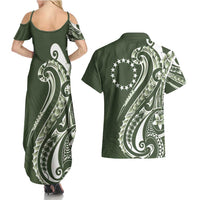 Kia Orana Cook Islands Couples Matching Summer Maxi Dress and Hawaiian Shirt Matie Plumeria Tropical Waves - Polynesian Pride