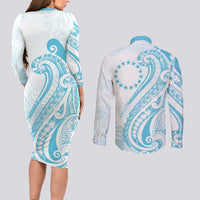 Kia Orana Cook Islands Couples Matching Long Sleeve Bodycon Dress and Long Sleeve Button Shirt Moana Plumeria Tropical Waves - Polynesian Pride