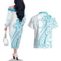Kia Orana Cook Islands Couples Matching Off The Shoulder Long Sleeve Dress and Hawaiian Shirt Moana Plumeria Tropical Waves - Polynesian Pride
