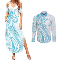 Kia Orana Cook Islands Couples Matching Summer Maxi Dress and Long Sleeve Button Shirt Moana Plumeria Tropical Waves - Polynesian Pride