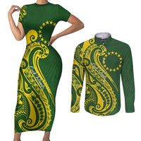Kia Orana Cook Islands Couples Matching Short Sleeve Bodycon Dress and Long Sleeve Button Shirt Plumeria Tropical Waves - Polynesian Pride