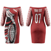 Mate Ma'a Tonga Rugby Custom Kupesi Motifs Couples Matching Off The Shoulder Long Sleeve Dress and Hawaiian Shirt Red Waves LT7 - Polynesian Pride