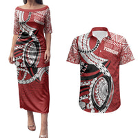 Mate Ma'a Tonga Rugby Custom Kupesi Motifs Couples Matching Puletasi and Hawaiian Shirt Red Waves LT7 Red - Polynesian Pride
