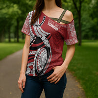 Mate Ma'a Tonga Rugby Custom Kupesi Motifs Cross Shoulder Shirt Red Waves LT7 - Polynesian Pride