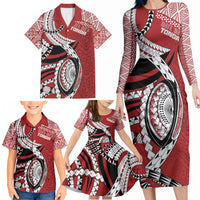 Mate Ma'a Tonga Rugby Custom Kupesi Motifs Family Matching Long Sleeve Bodycon Dress and Hawaiian Shirt Red Waves LT7 - Polynesian Pride