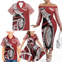 Mate Ma'a Tonga Rugby Custom Kupesi Motifs Family Matching Off The Shoulder Long Sleeve Dress and Hawaiian Shirt Red Waves LT7 - Polynesian Pride