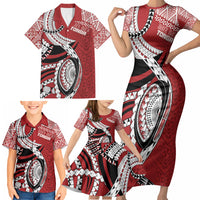 Mate Ma'a Tonga Rugby Custom Kupesi Motifs Family Matching Short Sleeve Bodycon Dress and Hawaiian Shirt Red Waves LT7 - Polynesian Pride