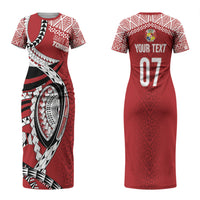 Mate Ma'a Tonga Rugby Custom Kupesi Motifs Family Matching Short Sleeve Bodycon Dress and Hawaiian Shirt Red Waves LT7 Mom's Dress Red - Polynesian Pride