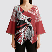 Mate Ma'a Tonga Rugby Custom Kupesi Motifs Kimono Sleeve Blouse Red Waves LT7 - Polynesian Pride