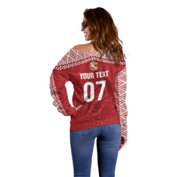 Mate Ma'a Tonga Rugby Custom Kupesi Motifs Off Shoulder Sweater Red Waves LT7 - Polynesian Pride