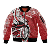 Mate Ma'a Tonga Rugby Custom Kupesi Motifs Sleeve Zip Bomber Jacket Red Waves LT7 Unisex Red - Polynesian Pride