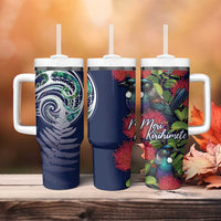 Meri Kirihimete New Zealand Tumbler With Handle Tui on Pohutukawa - Blue Ver