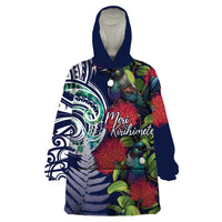 Meri Kirihimete New Zealand Wearable Blanket Hoodie Tui on Pohutukawa - Blue Ver