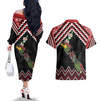 New Zealand Christmas Taniko Poutama Couples Matching Off The Shoulder Long Sleeve Dress and Hawaiian Shirt Flora Map with Birds - Polynesian Pride
