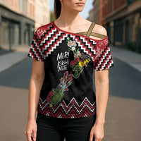 New Zealand Christmas Taniko Poutama Cross Shoulder Shirt Flora Map with Birds - Polynesian Pride