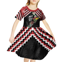 New Zealand Christmas Taniko Poutama Kid Short Sleeve Dress Flora Map with Birds - Polynesian Pride