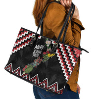 New Zealand Christmas Taniko Poutama Leather Tote Bag Flora Map with Birds - Polynesian Pride