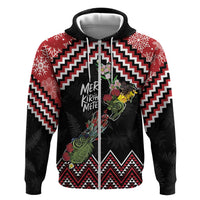 New Zealand Christmas Taniko Poutama Zip Hoodie Flora Map with Birds - Polynesian Pride