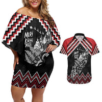 New Zealand Christmas Taniko Poutama Couples Matching Off Shoulder Short Dress and Hawaiian Shirt Mountainscape Maori Fern - Polynesian Pride