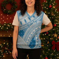 Bula Fiji Classic Masi Tapa Christmas Knitted V-Neck Vest Turquoise - Polynesian Pride