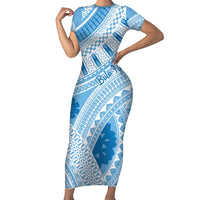 Bula Fiji Classic Masi Tapa Short Sleeve Bodycon Dress Turquoise - Polynesian Pride