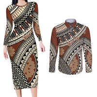Bula Fiji Classic Masi Tapa Couples Matching Long Sleeve Bodycon Dress and Long Sleeve Button Shirt Vintage Brown - Polynesian Pride