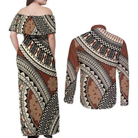 Bula Fiji Classic Masi Tapa Couples Matching Off Shoulder Maxi Dress and Long Sleeve Button Shirt Vintage Brown - Polynesian Pride