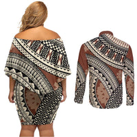 Bula Fiji Classic Masi Tapa Couples Matching Off Shoulder Short Dress and Long Sleeve Button Shirt Vintage Brown - Polynesian Pride
