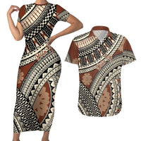 Bula Fiji Classic Masi Tapa Couples Matching Short Sleeve Bodycon Dress and Hawaiian Shirt Vintage Brown - Polynesian Pride