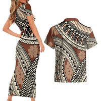 Bula Fiji Classic Masi Tapa Couples Matching Short Sleeve Bodycon Dress and Hawaiian Shirt Vintage Brown - Polynesian Pride