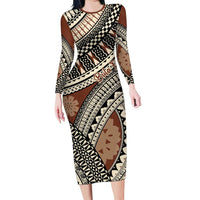 Bula Fiji Classic Masi Tapa Long Sleeve Bodycon Dress Vintage Brown - Polynesian Pride