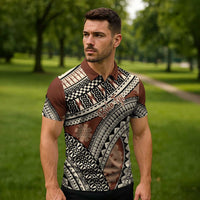 Bula Fiji Classic Masi Tapa Zipper Polo Shirt Vintage Brown - Polynesian Pride