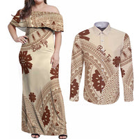 Bula Fiji Classic Masi Tapa Couples Matching Off Shoulder Maxi Dress and Long Sleeve Button Shirt Vintage Beige - Polynesian Pride