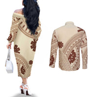 Bula Fiji Classic Masi Tapa Couples Matching Off The Shoulder Long Sleeve Dress and Long Sleeve Button Shirt Vintage Beige - Polynesian Pride