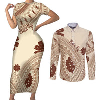 Bula Fiji Classic Masi Tapa Couples Matching Short Sleeve Bodycon Dress and Long Sleeve Button Shirt Vintage Beige - Polynesian Pride