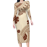 Bula Fiji Classic Masi Tapa Family Matching Long Sleeve Bodycon Dress and Hawaiian Shirt Vintage Beige - Polynesian Pride