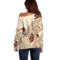 Bula Fiji Classic Masi Tapa Off Shoulder Sweater Vintage Beige - Polynesian Pride