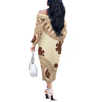 Bula Fiji Classic Masi Tapa Off The Shoulder Long Sleeve Dress Vintage Beige - Polynesian Pride