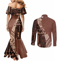 Bula Fiji Couples Matching Mermaid Dress and Long Sleeve Button Shirt Tribal Masi Tapa - Brown LT7 - Polynesian Pride