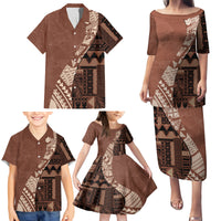 Bula Fiji Family Matching Puletasi Dress and Hawaiian Shirt Tribal Masi Tapa - Brown LT7 - Polynesian Pride