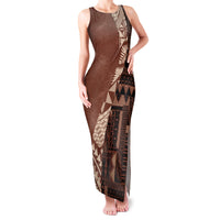Bula Fiji Family Matching Tank Maxi Dress and Hawaiian Shirt Tribal Masi Tapa - Brown LT7 Mom's Dress Brown - Polynesian Pride