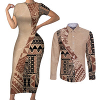 Bula Fiji Couples Matching Short Sleeve Bodycon Dress and Long Sleeve Button Shirt Tribal Masi Tapa - Beige LT7