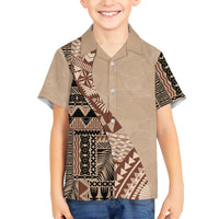 Bula Fiji Family Matching Off Shoulder Long Sleeve Dress and Hawaiian Shirt Tribal Masi Tapa - Beige LT7 Son's Shirt Beige - Polynesian Pride