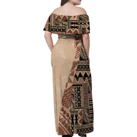 Bula Fiji Family Matching Off Shoulder Maxi Dress and Hawaiian Shirt Tribal Masi Tapa - Beige LT7 - Polynesian Pride